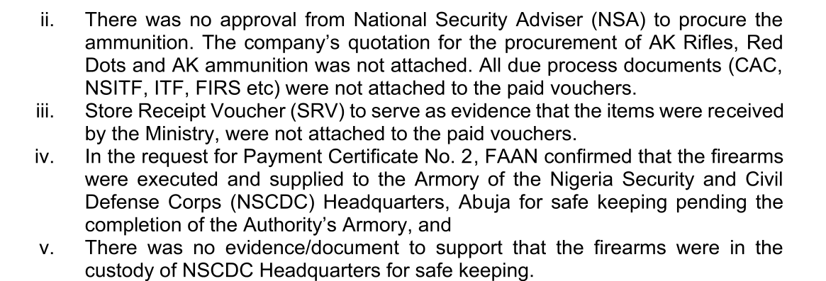 Audit text: no NSA approval to procure the ammunition, no store receipt voucher, FAAN said the firearms were supplied to the NSCDC armoury in Abuja pending FAAN's own armoury, and no evidence the firearms were in NSCDC custody