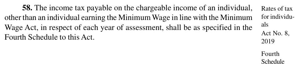 Nigeria Tax Act 2025, section 58: the Fourth Schedule rates apply to the chargeable income of an individual, other than an individual earning the Minimum Wage in line with the Minimum Wage Act