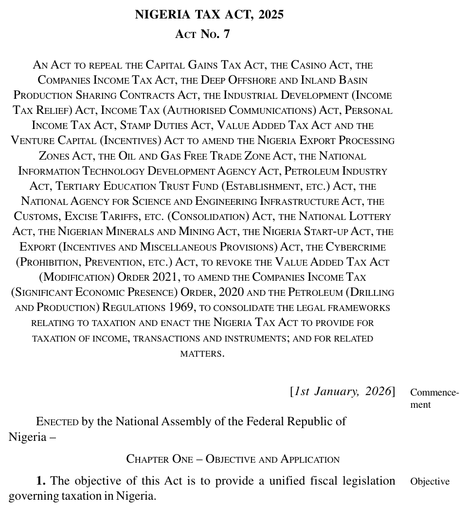 Nigeria Tax Act 2025, Act No. 7, long title repealing the Personal Income Tax Act and other tax laws, with the commencement date 1st January, 2026 printed beneath it
