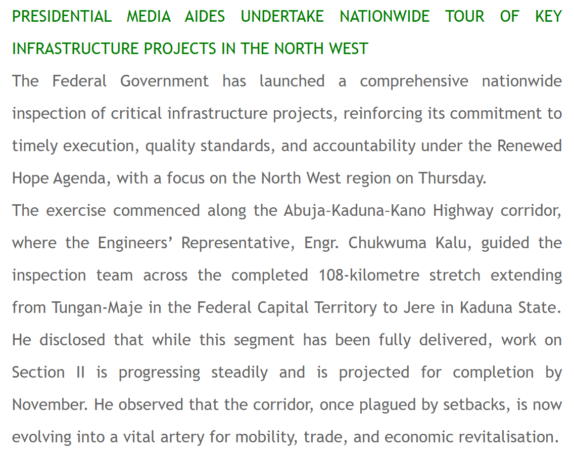 Works ministry release of 1 May 2026: the inspection team was guided across the completed 108-kilometre stretch from Tungan-Maje in the FCT to Jere in Kaduna State, a segment fully delivered