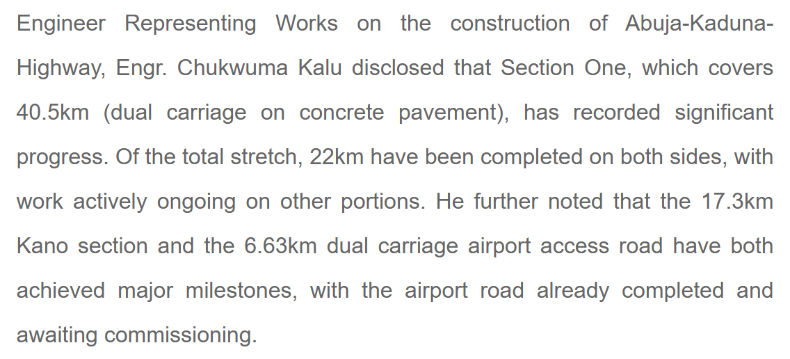Works ministry release of 20 September 2025: Section One covers 40.5km of dual carriageway on concrete pavement, with 22km completed on both sides