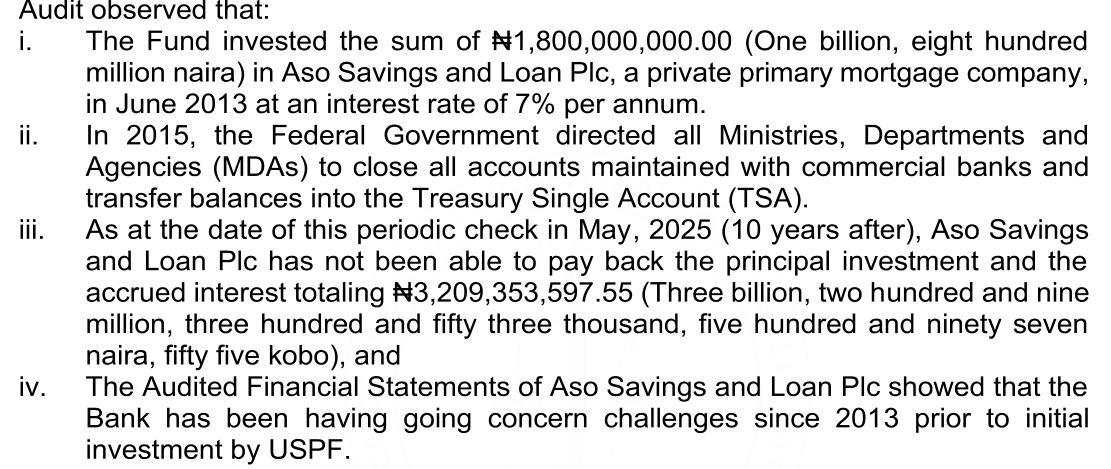 Audit text: the Fund invested N1,800,000,000.00 in Aso Savings and Loan Plc in June 2013 at 7% a year; in 2015 the Federal Government directed MDAs to move balances into the TSA; as at May 2025 Aso had not paid back principal and accrued interest totalling N3,209,353,597.55