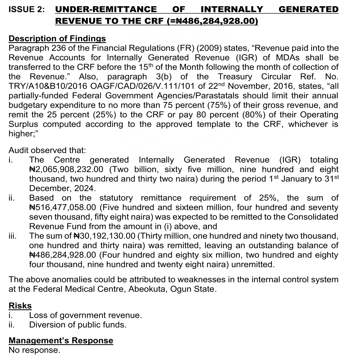 Auditor-General's report, Issue 2, under-remittance of internally generated revenue to the CRF, N486,284,928.00: the Treasury circular's 25 per cent rule; the Centre generated IGR of N2,065,908,232.00 from 1 January to 31 December 2024; N516,477,058.00 was expected to be remitted; N30,192,130.00 was remitted, leaving N486,284,928.00 unremitted; Management's Response: No response