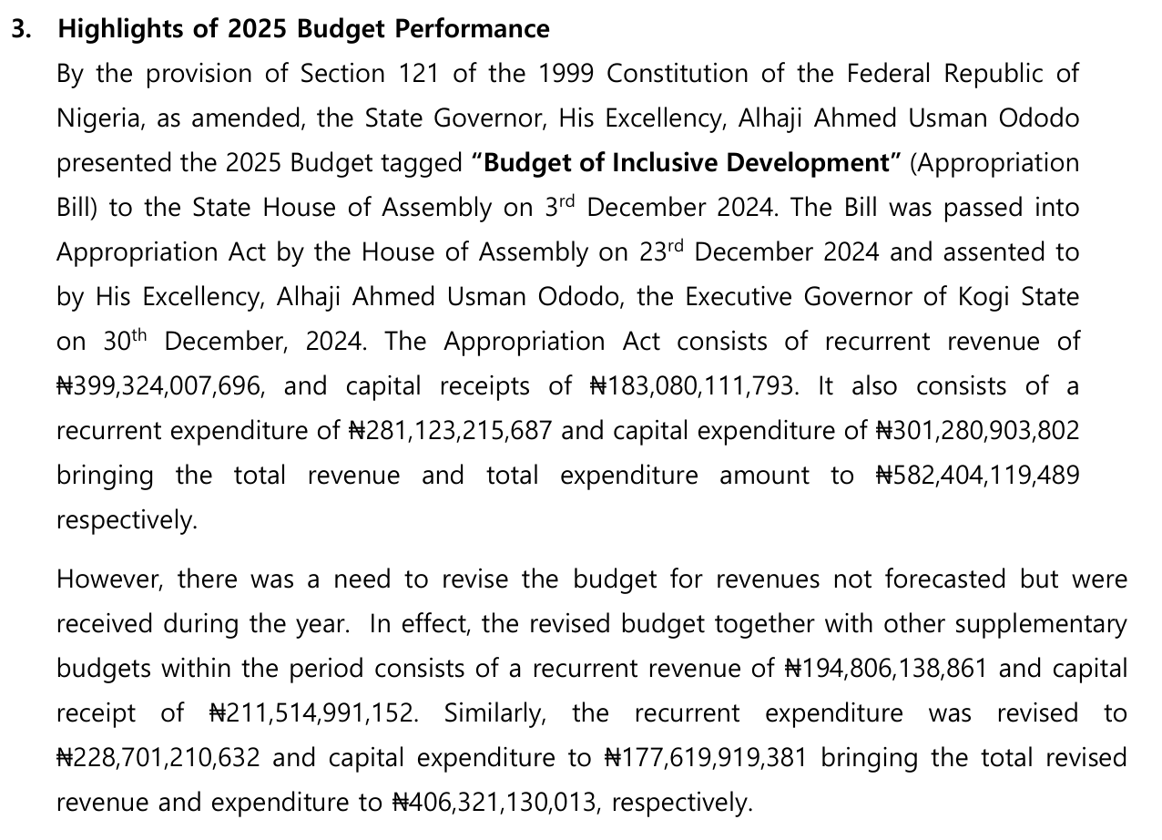 Audited financial statements 2025, page 41: the Appropriation Act total of N582,404,119,489, then a revised budget with supplementary budgets of recurrent revenue N194,806,138,861, capital receipts N211,514,991,152, recurrent expenditure N228,701,210,632, capital expenditure N177,619,919,381, total N406,321,130,013