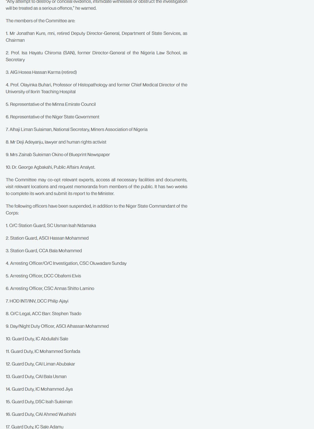 State House page listing the ten committee members and the suspended NSCDC officers, 19 September 2026