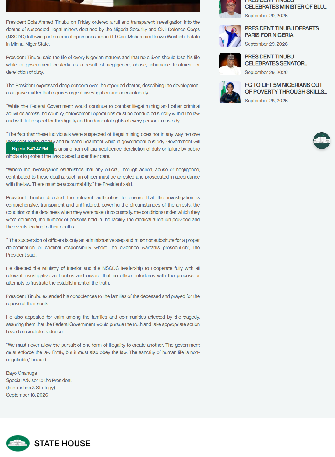 State House statement of 18 September 2026 in which President Tinubu orders an investigation into the deaths