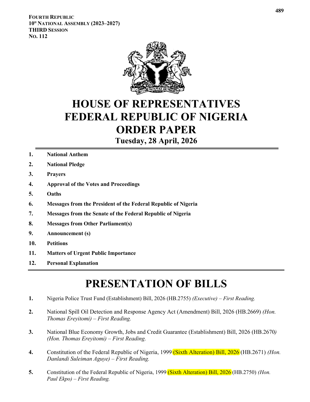Page 1 of the House Order Paper for Tuesday 28 April 2026, listing separate bills each titled Constitution (Sixth Alteration) Bill, 2026, highlighted
