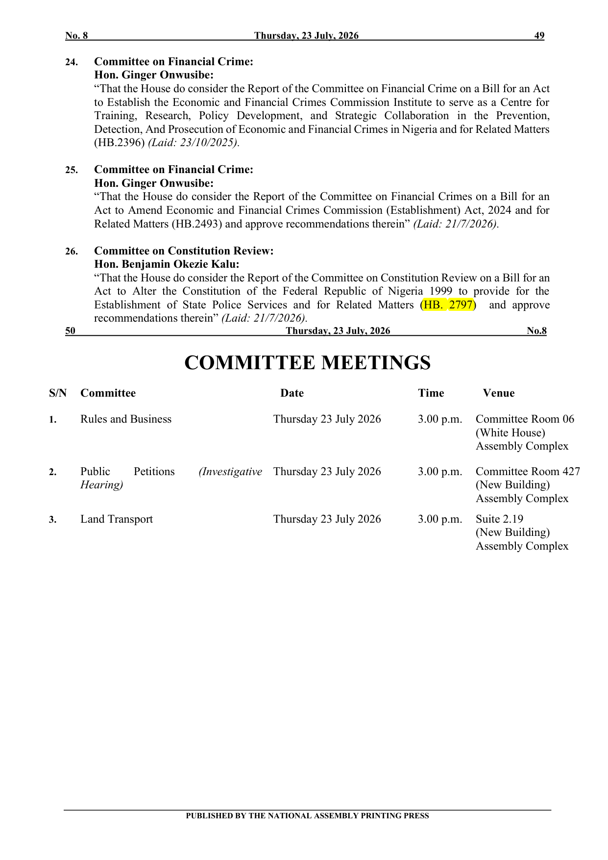 Page 5 of the House of Representatives Order Paper for Thursday 23 July 2026, item 26, with HB. 2797, the state police constitution alteration bill, highlighted