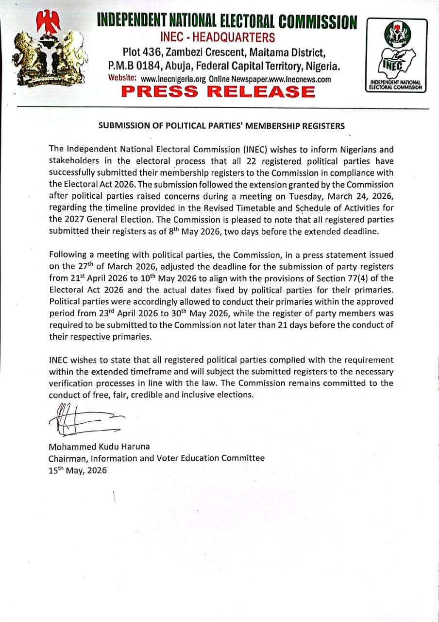 INEC press release of 15 May 2026 stating all 22 parties submitted membership registers as of 8 May 2026