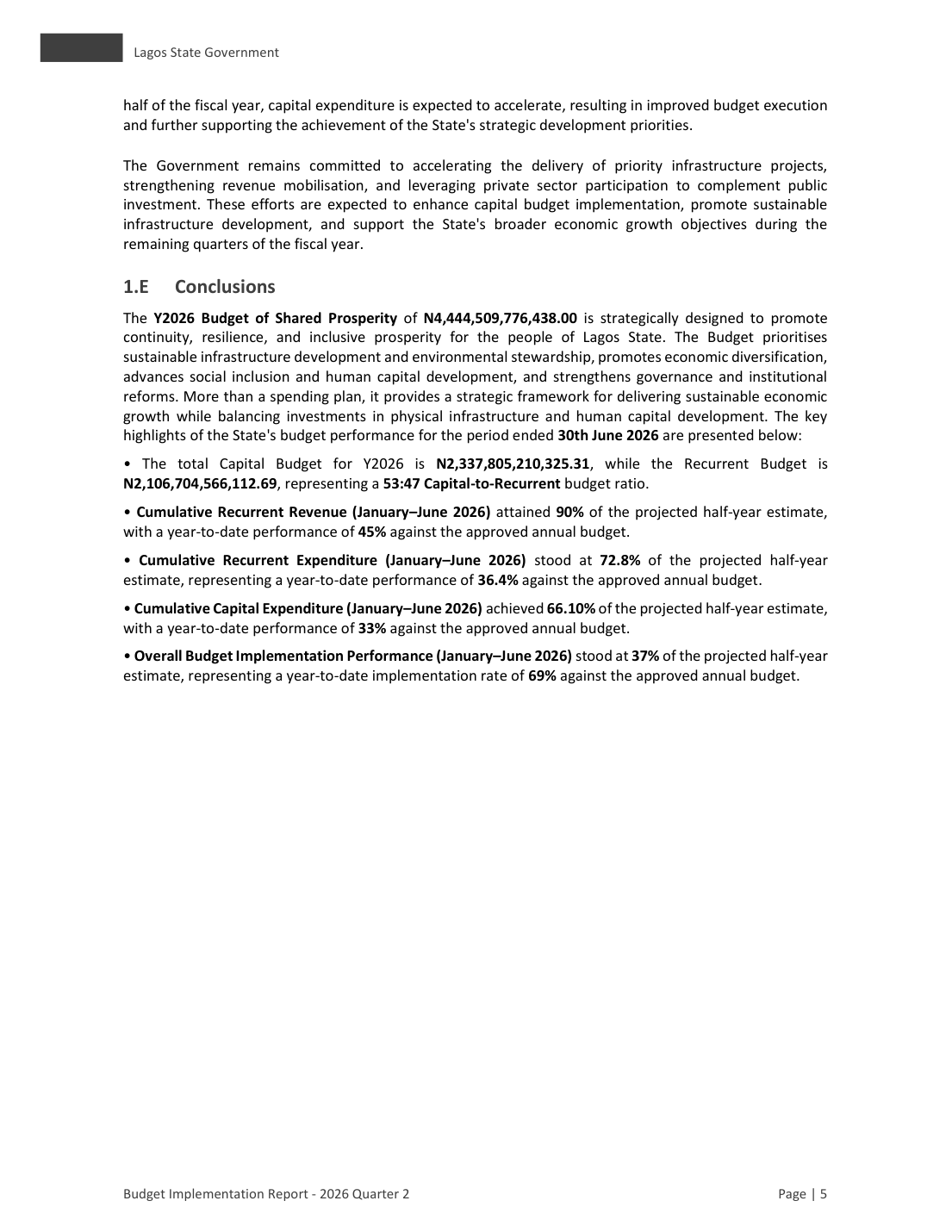 Conclusions page of the Lagos Q2 2026 report stating overall implementation of 37% of the half-year estimate and 69% of the annual budget