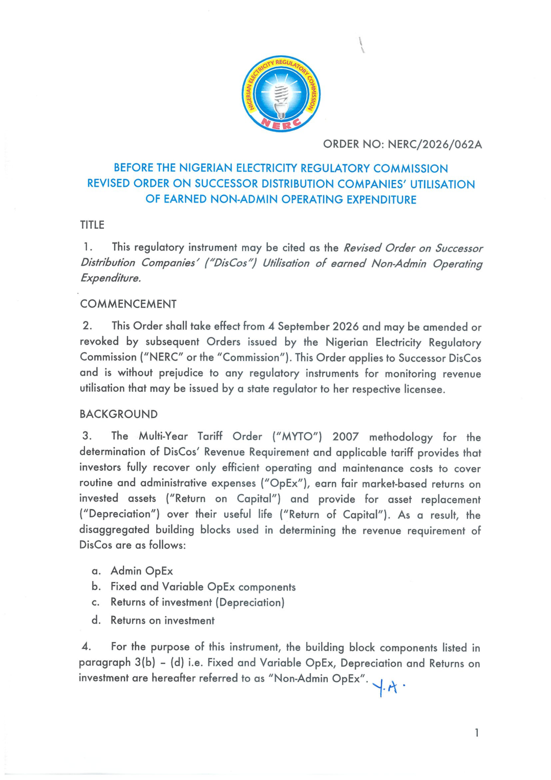 Page 1 of NERC Order NERC/2026/062A stating the order takes effect from 4 September 2026