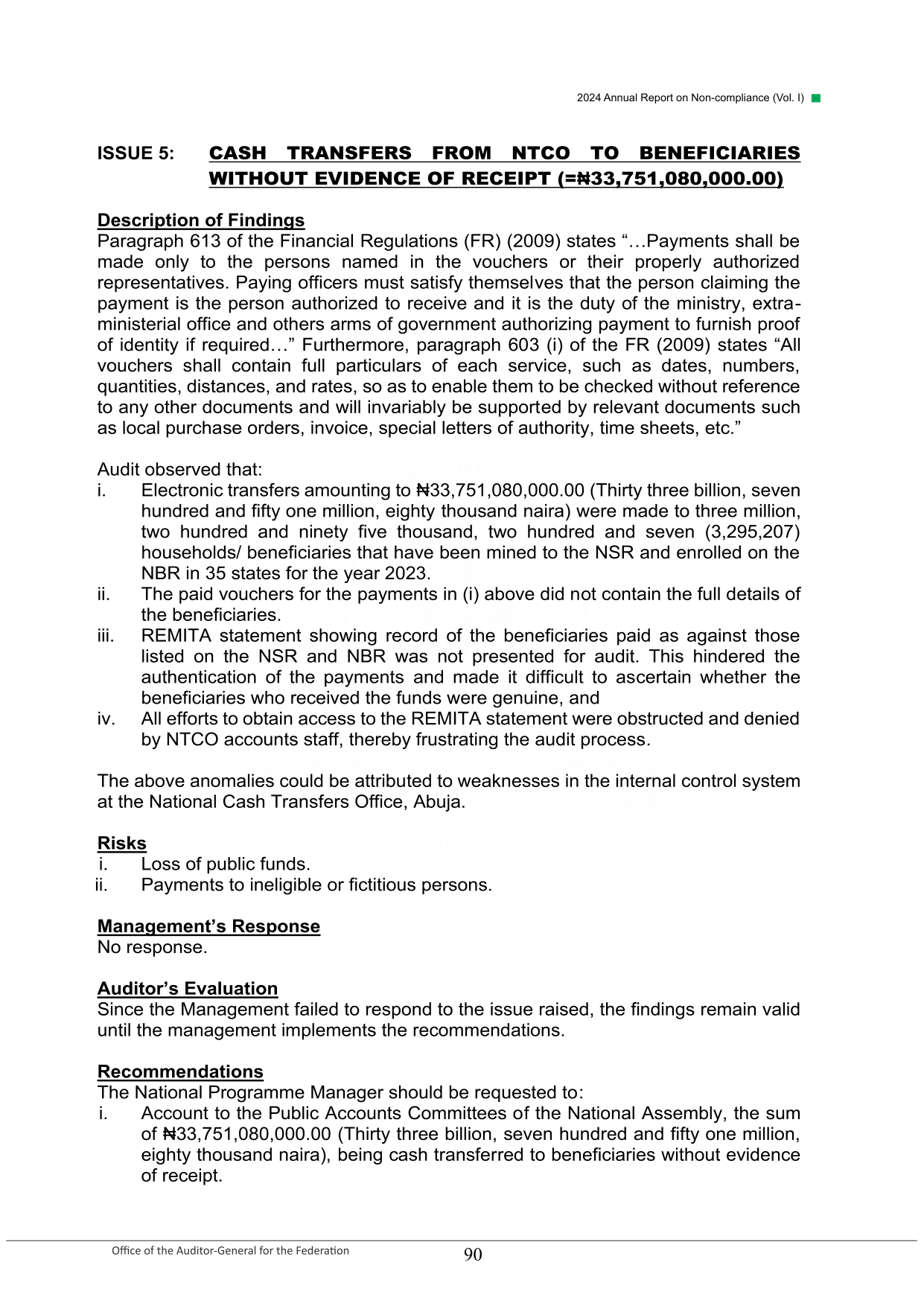 Page 90 of the Auditor-General's 2024 non-compliance report, Issue 5: N33,751,080,000.00 in cash transfers to 3,295,207 households without evidence of receipt, with Management's Response recorded as No response
