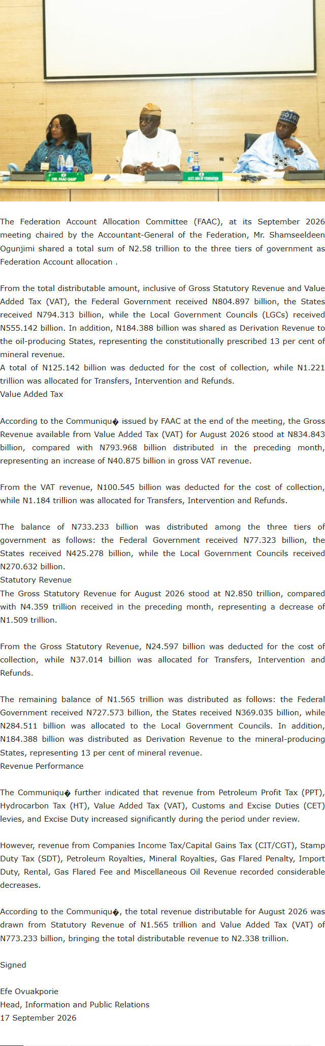 Screenshot of the Ministry of Information's FAAC release for August 2026, showing N2.58 trillion in the opening sentence and a VAT balance of N733.233 billion