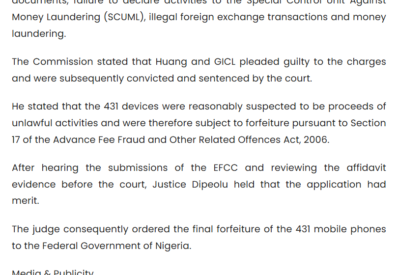 EFCC release of 30 September 2026 stating the 431 devices were forfeited under Section 17 of the Advance Fee Fraud and Other Related Offences Act, 2006
