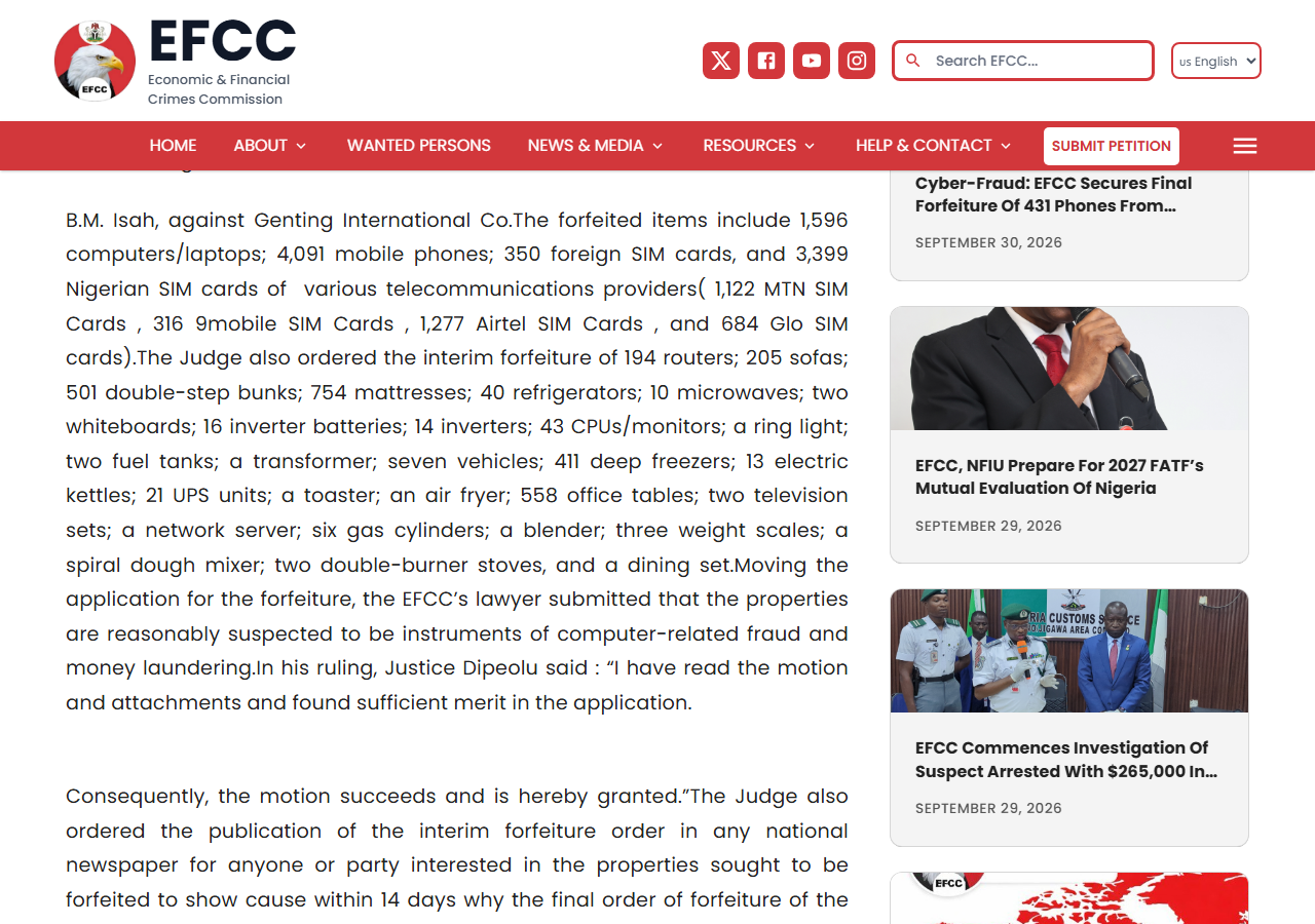 EFCC release of 25 April 2025 listing 1,596 computers/laptops and 4,091 mobile phones under interim forfeiture