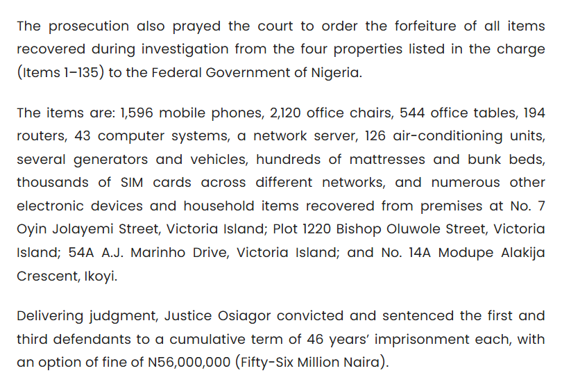 EFCC release of 11 February 2026 listing 1,596 mobile phones among items the prosecution asked to be forfeited