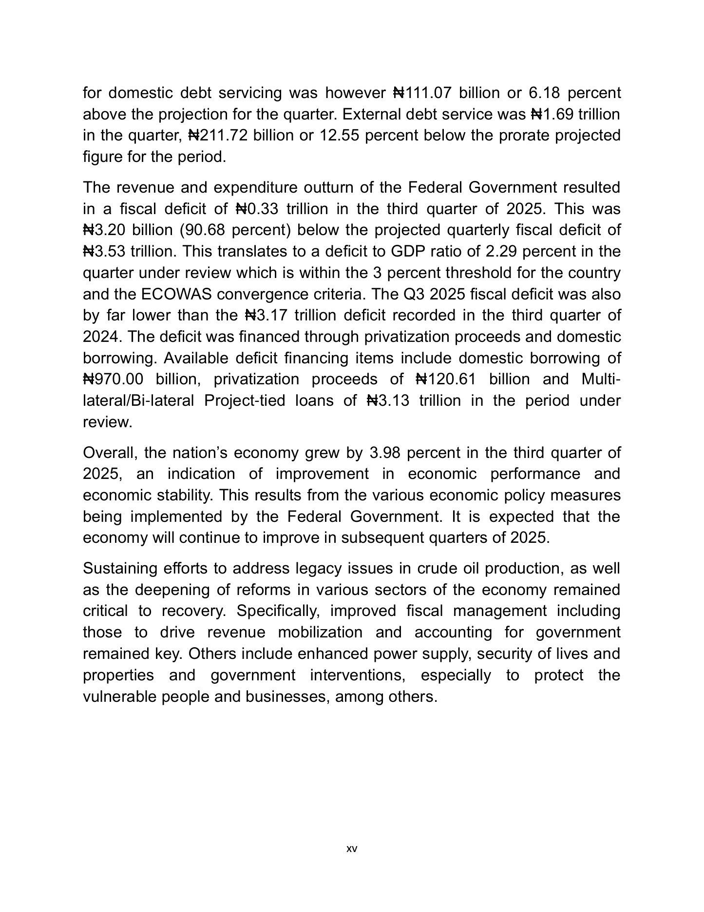 Executive summary page xv of the Q3 2025 report stating a fiscal deficit of 0.33 trillion naira and external debt service of 1.69 trillion