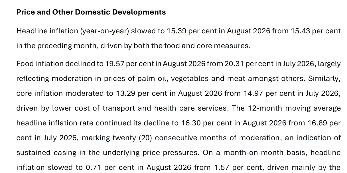 Page 3 of CBN Monetary Policy Communique No. 164, 'Price and Other Domestic Developments', giving headline 15.39, food 19.57 and core 13.29 per cent