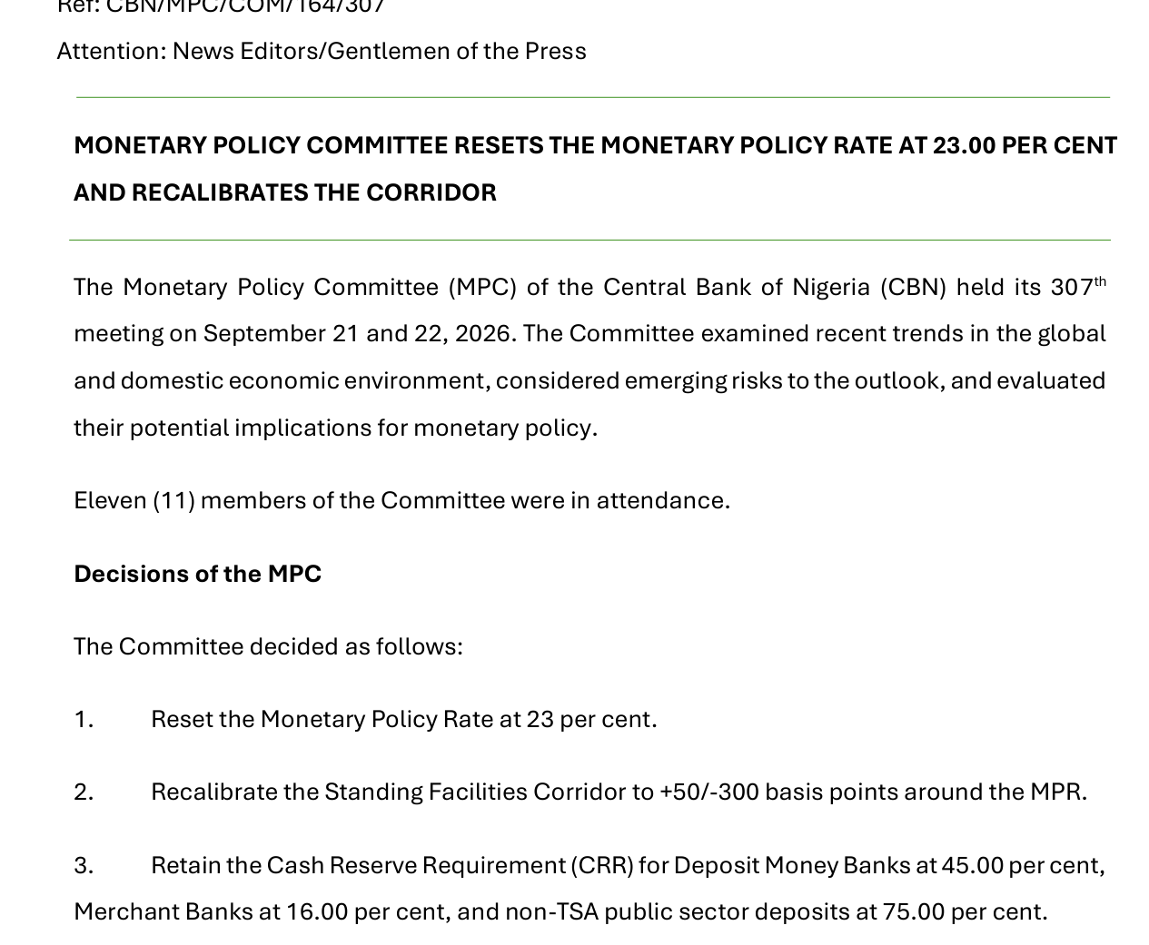 Page 1 of the communique listing the decisions: MPR reset at 23 per cent, corridor +50/-300 basis points, CRR retained