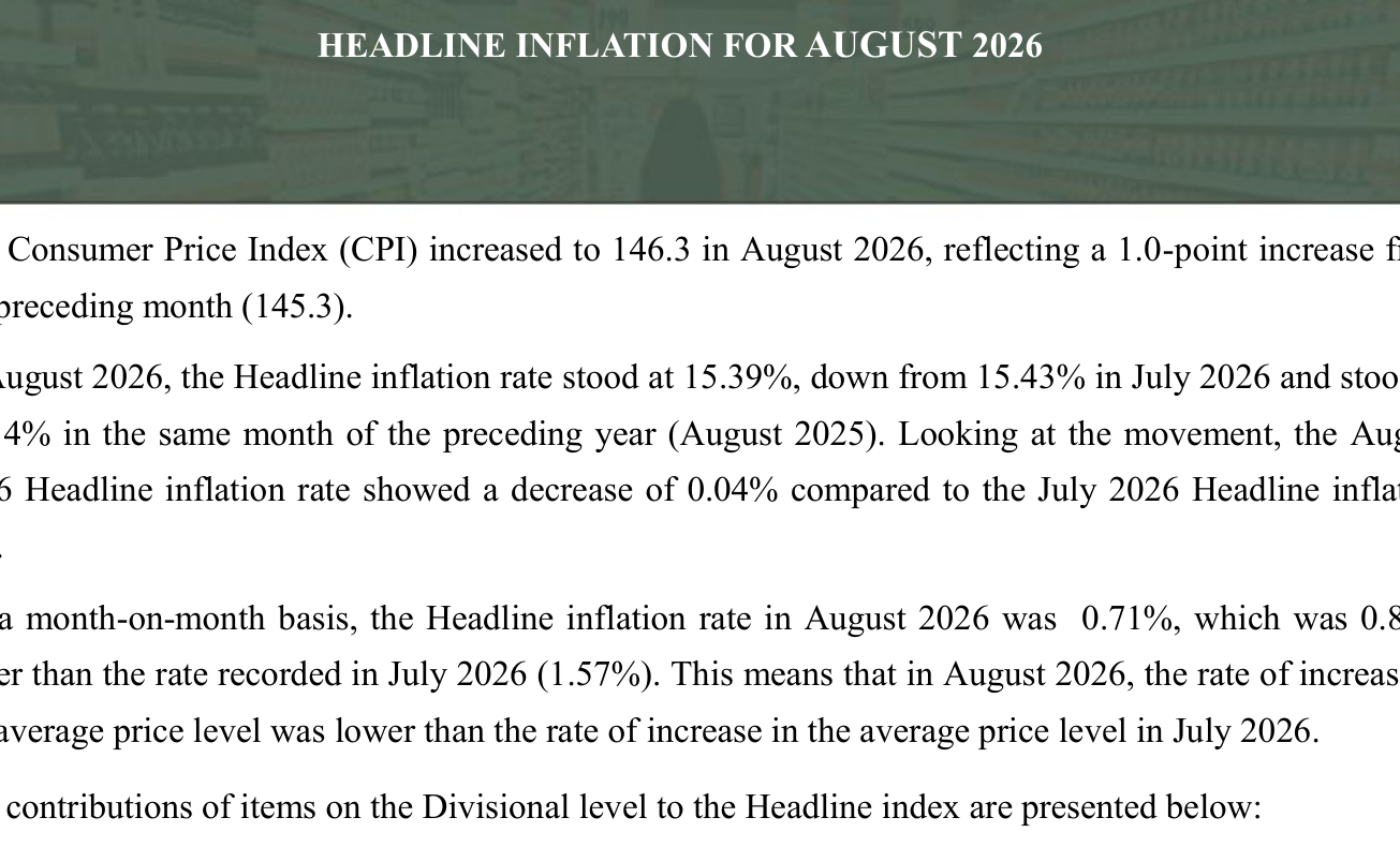 Page 6 of the NBS Consumer Price Index August 2026 report stating headline inflation of 15.39 per cent and month-on-month 0.71 per cent