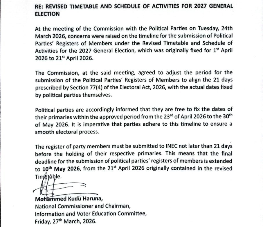 INEC release of 27 March 2026: primaries 23 April to 30 May, registers due 21 days before, final deadline 10 May 2026