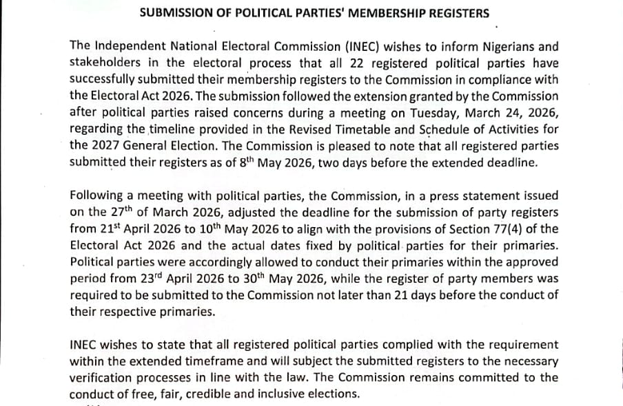 INEC release of 15 May 2026 saying all 22 parties submitted membership registers as of 8 May 2026