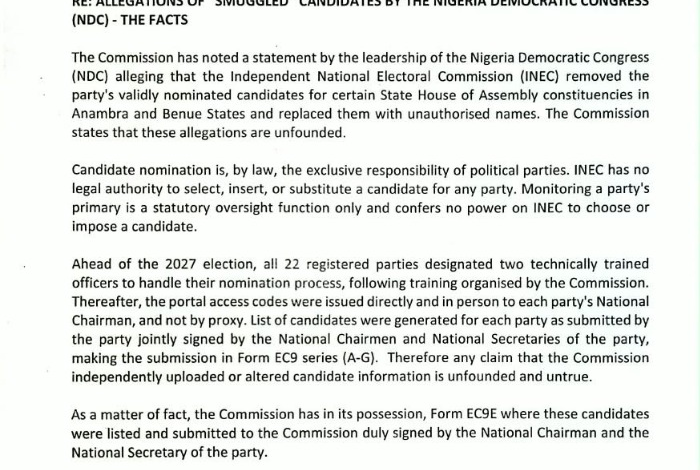 INEC release of 1 September 2026: candidate nomination is the exclusive responsibility of political parties