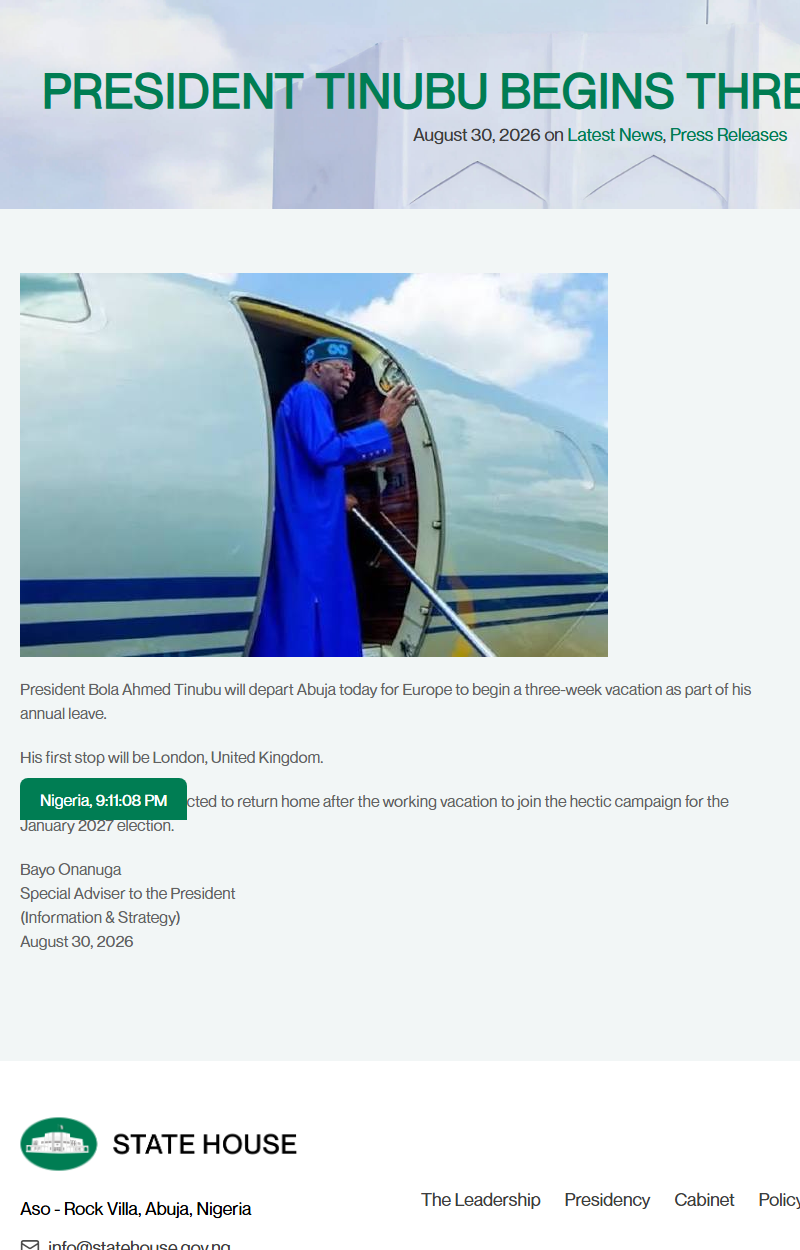 State House statement of 30 August 2026, 'President Tinubu begins three-week leave', which contains no reference to Section 145 or a letter to the National Assembly