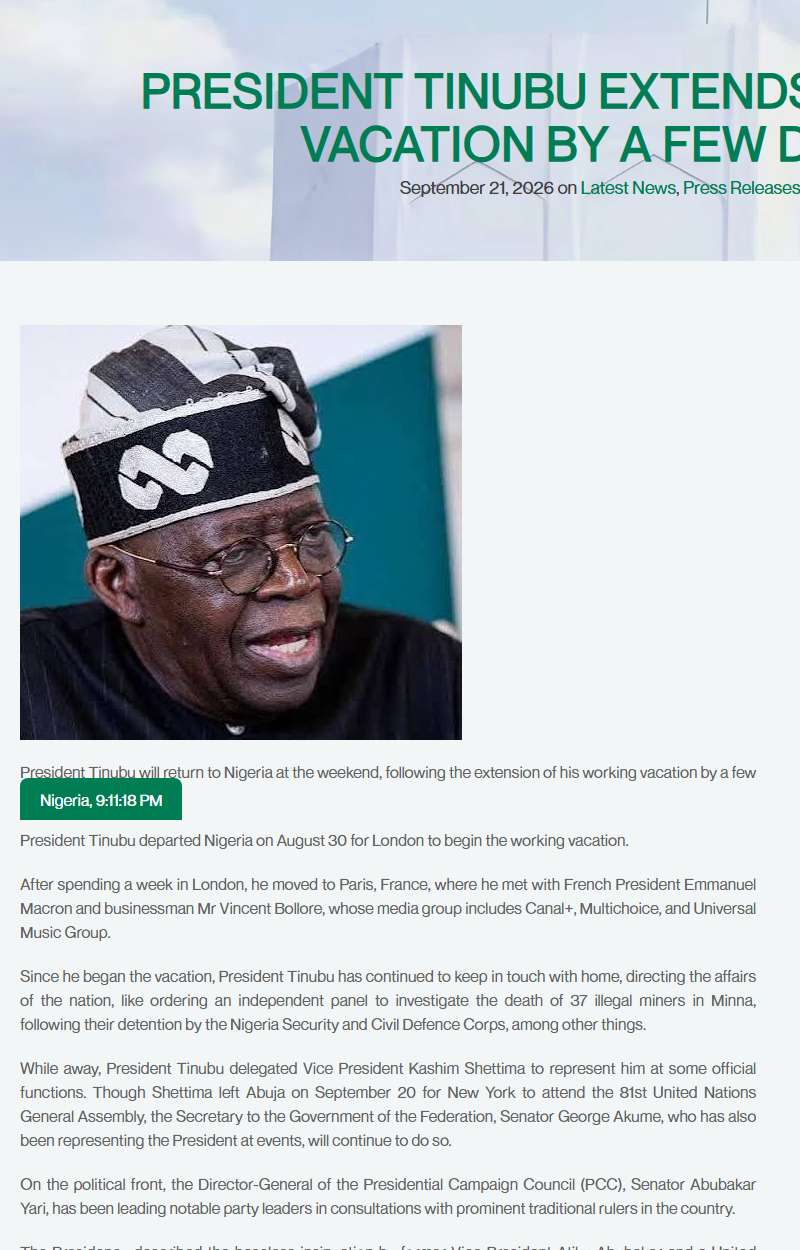 State House statement of 21 September 2026 announcing an extension of the President's working vacation and describing delegation to the Vice President and the SGF