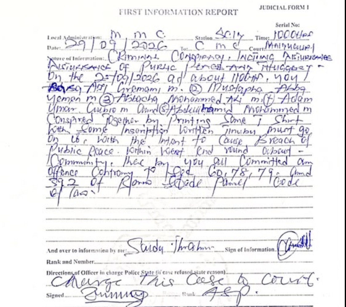 Top of the handwritten First Information Report dated 29/09/2026 listing the offences and Penal Code sections 60, 78, 79 and 392
