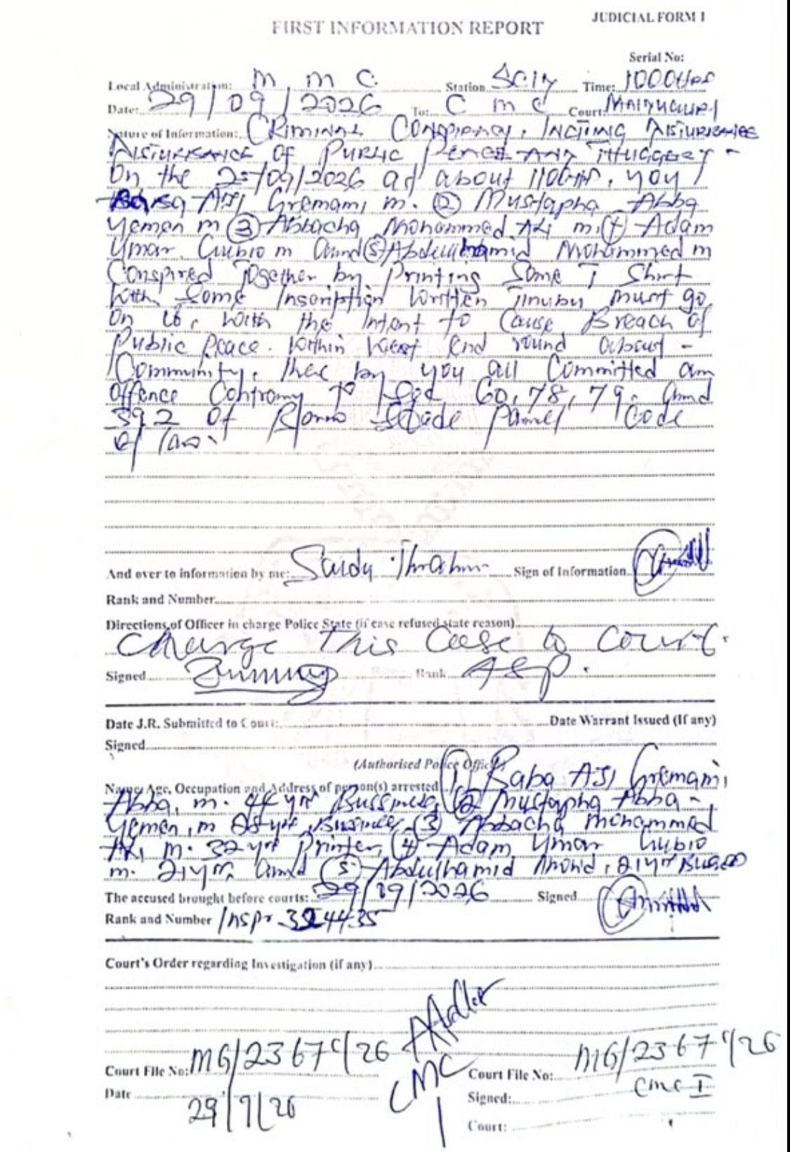 Full page of the First Information Report with defendants' names, ages and court file numbers
