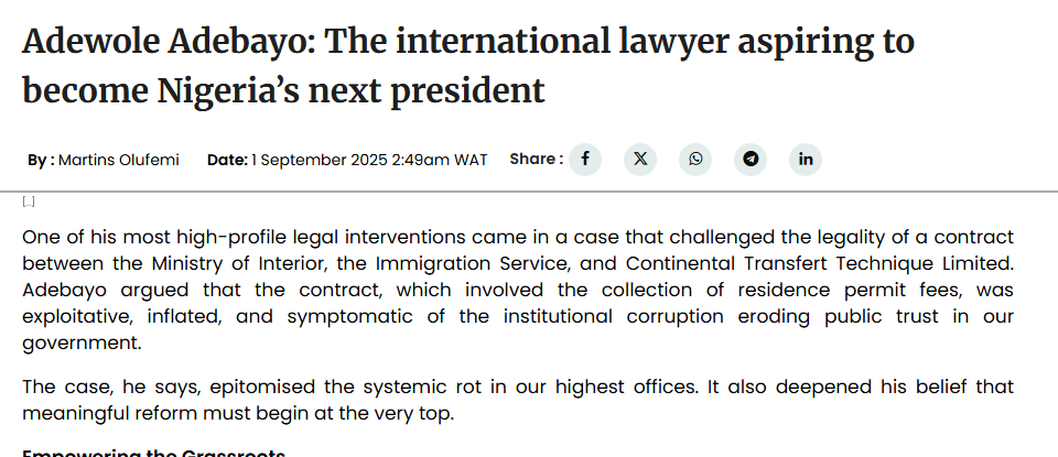 The Guardian profile of 1 September 2025 saying Adebayo argued the Continental Transfert contract was exploitative, inflated and symptomatic of corruption