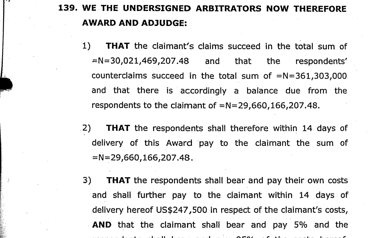 Final Award paragraph 139: balance due from the Nigerian respondents to the claimant of N29,660,166,207.48, plus US$247,500 costs