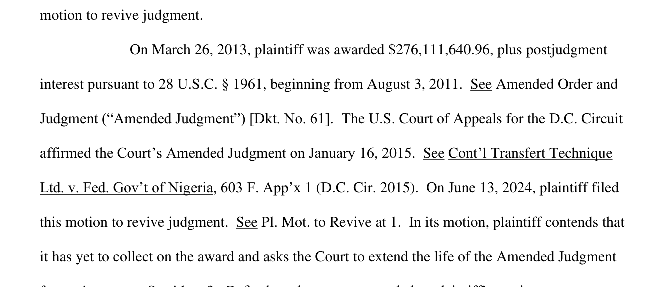 US court order of 1 April 2025: CTT was awarded $276,111,640.96 in 2013 and contends it has yet to collect; defendants have not responded