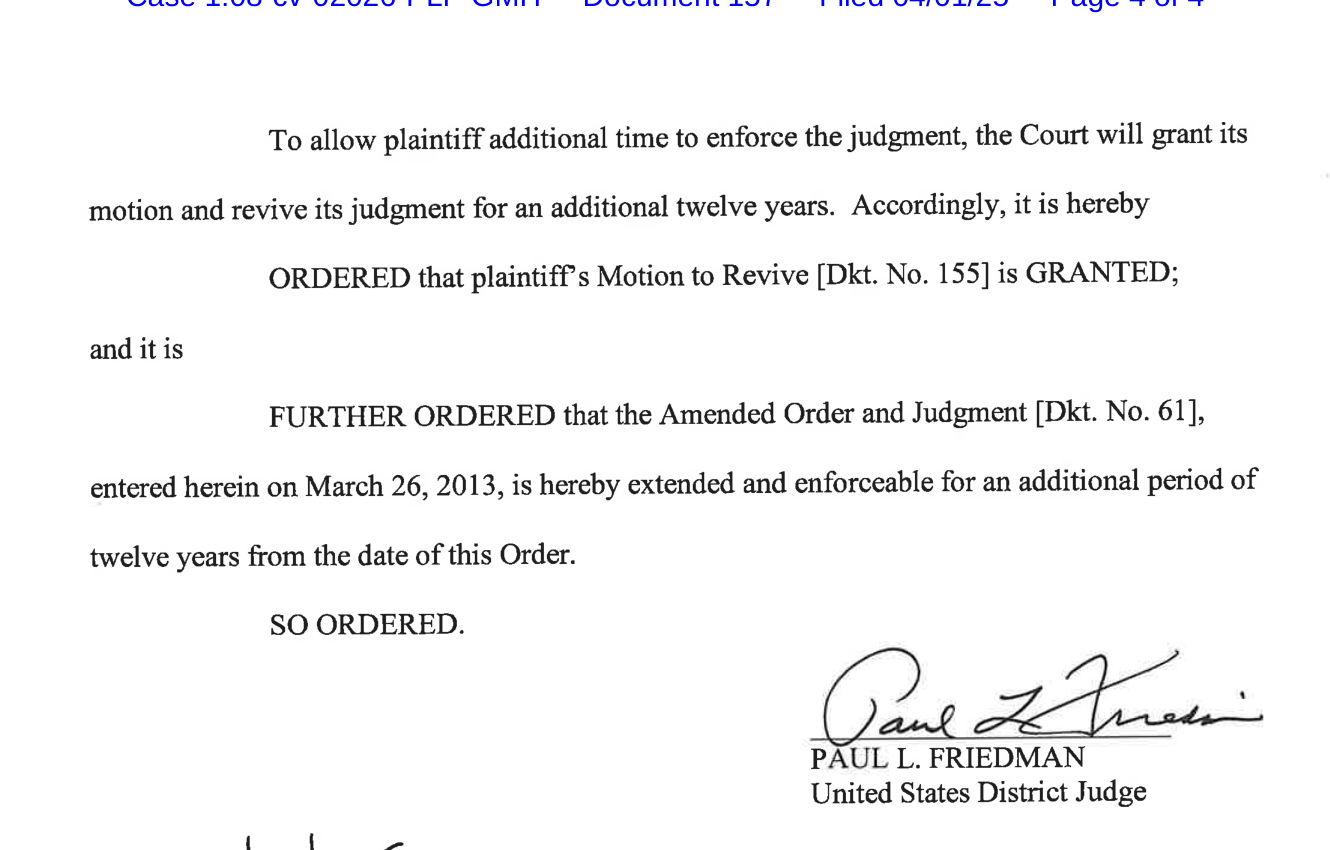 Order signed by Judge Paul L. Friedman on 1 April 2025 extending the 2013 judgment against Nigeria for twelve more years