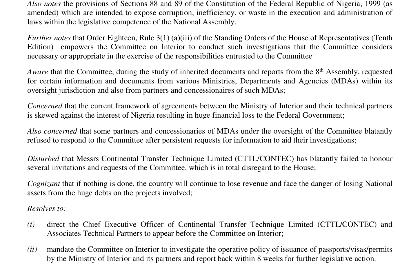 House of Representatives order paper, 17 March 2022: motion saying CTTL/CONTEC failed to honour the Interior Committee's invitations