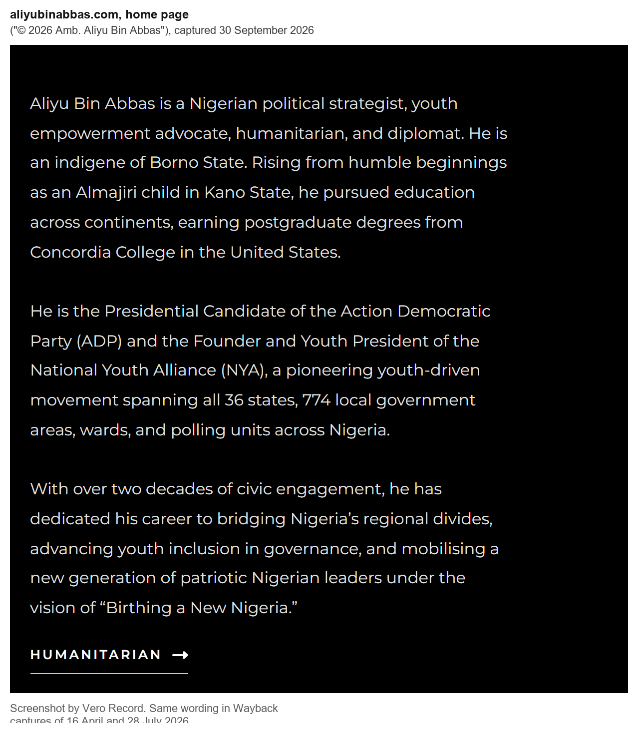 Document: the home page of aliyubinabbas.com, captured 30 September 2026, saying Aliyu Bin Abbas earned postgraduate degrees from Concordia College in the United States