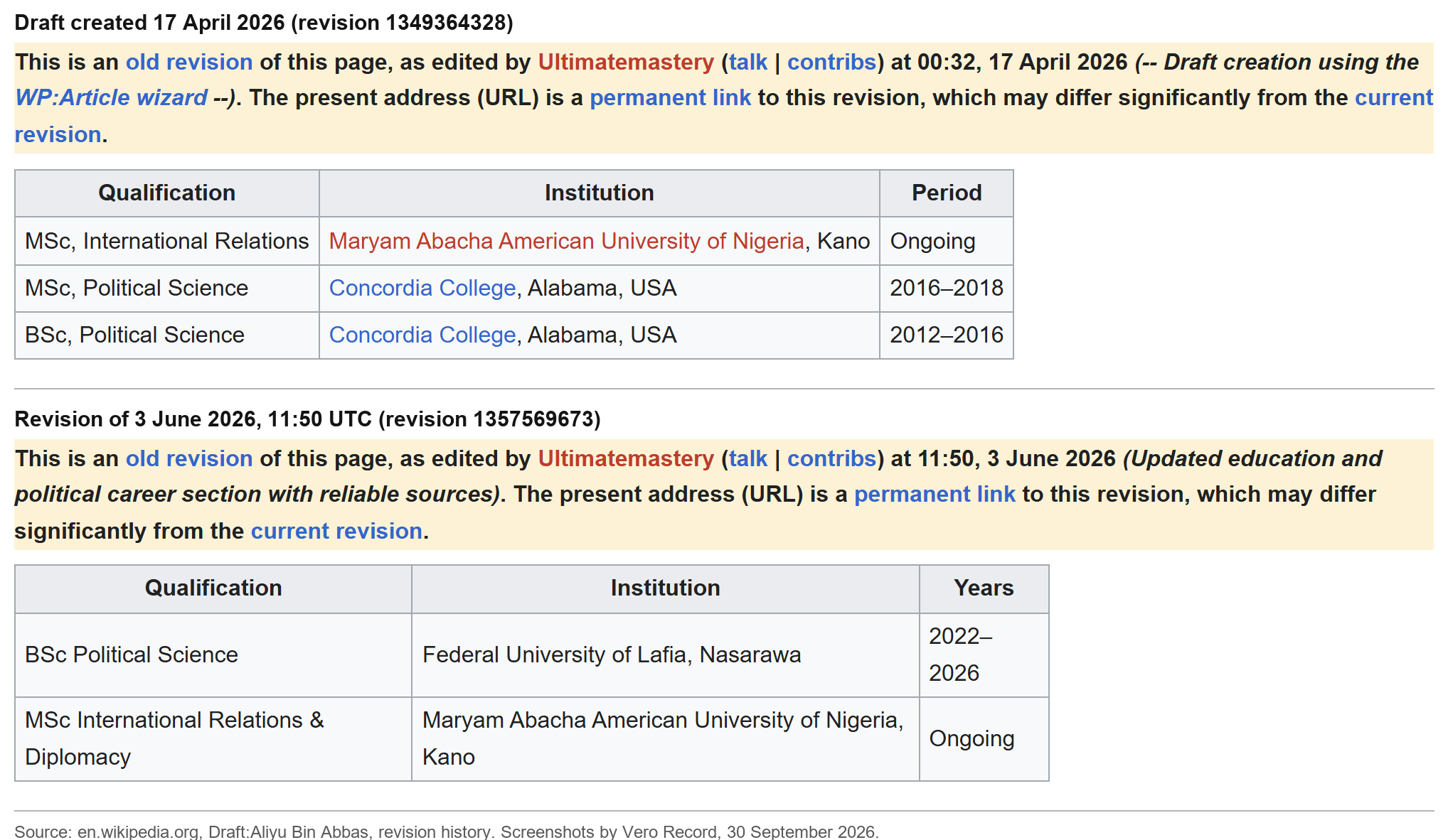 Document: education tables from two revisions of Wikipedia's Draft:Aliyu Bin Abbas, showing Concordia College, Alabama degrees on 17 April 2026, replaced on 3 June 2026 by a Federal University of Lafia BSc dated 2022 to 2026