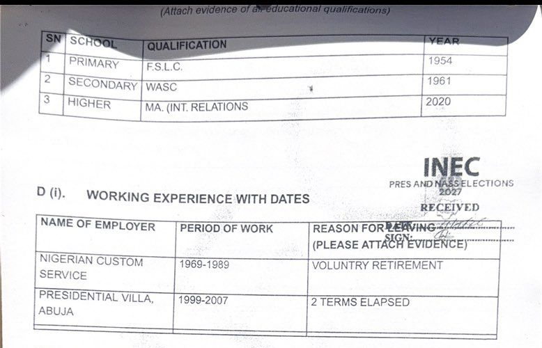 Atiku's 2026 Form EC9 education table: primary F.S.L.C. 1954, secondary WASC 1961, higher MA (Int. Relations) 2020, with INEC received stamp