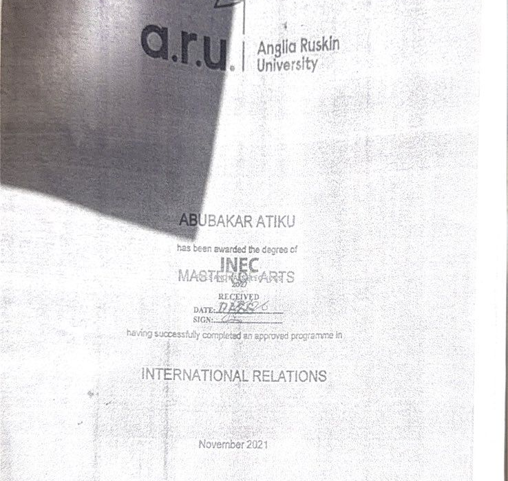 Anglia Ruskin University certificate in the 2026 filing: Abubakar Atiku awarded Master of Arts in International Relations, November 2021