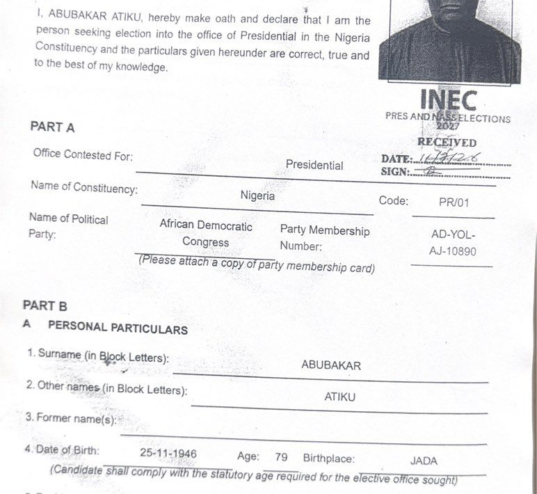 Atiku's 2026 Form EC9 particulars page: ADC, date of birth 25-11-1946, age 79, and a blank 'Former name(s)' line