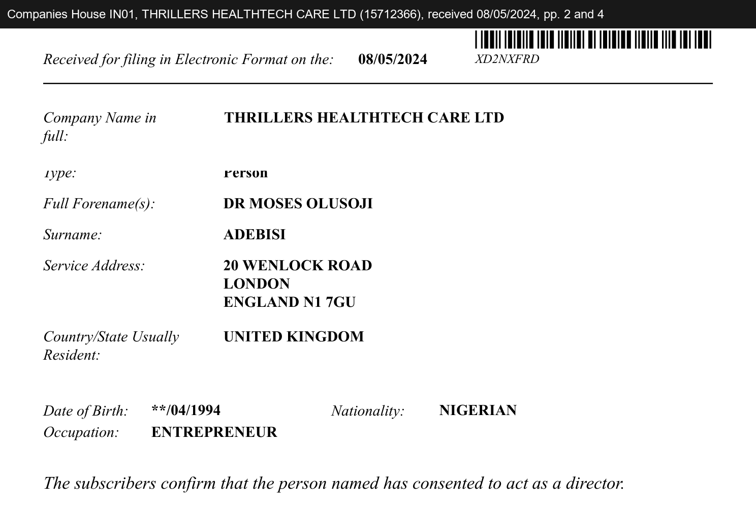 Companies House IN01 for Thrillers Healthtech Care Ltd, received 8 May 2024: director Dr Moses Olusoji Adebisi, date of birth **/04/1994, Nigerian, entrepreneur, resident in the United Kingdom