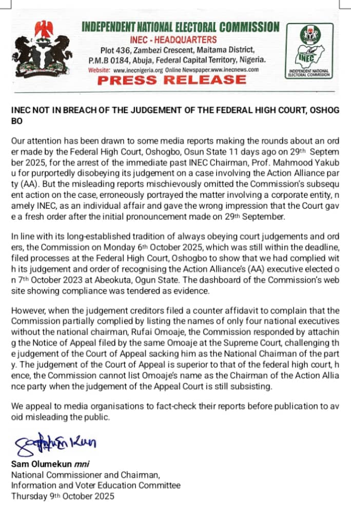 INEC press release of 9 October 2025, signed by Sam Olumekun, stating the commission cannot list Omoaje as Action Alliance chairman while the Court of Appeal judgment is still subsisting