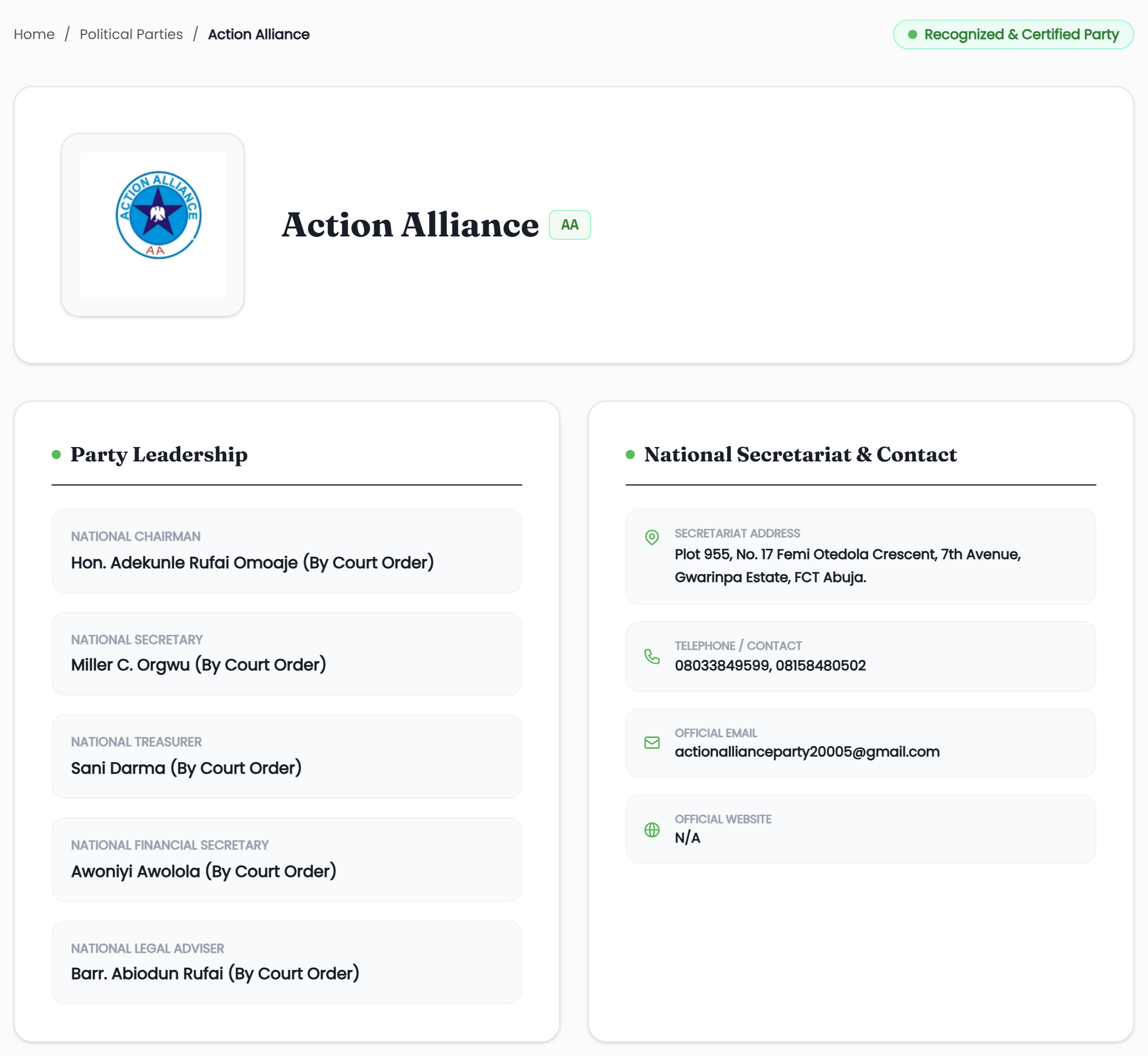 INEC register page for the Action Alliance, captured 1 October 2026, listing Hon. Adekunle Rufai Omoaje (By Court Order) as National Chairman and four other officers marked By Court Order