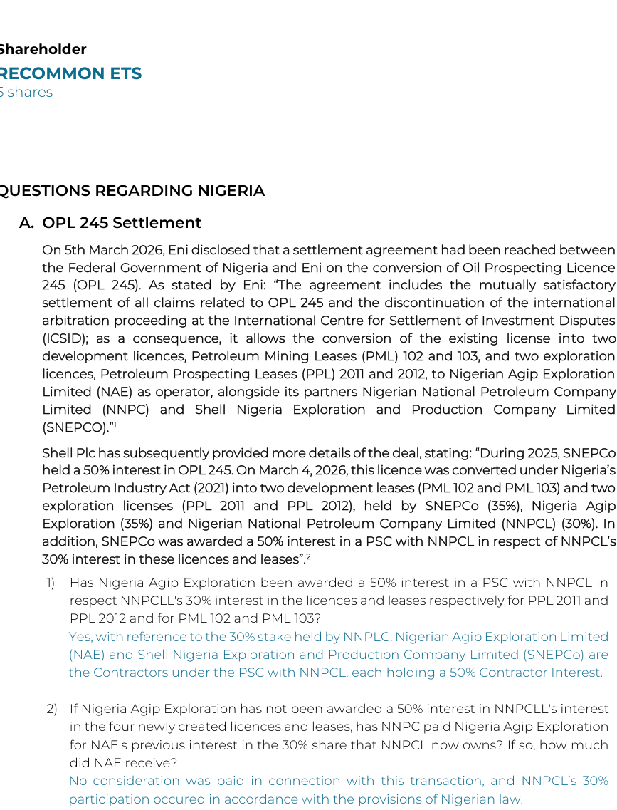 Eni's written answers to ReCommon for its 6 May 2026 shareholders' meeting, page 4: NAE and SNEPCo are the contractors, with 50 per cent each, in the production sharing contract for NNPC's 30 per cent, and 'No consideration was paid'