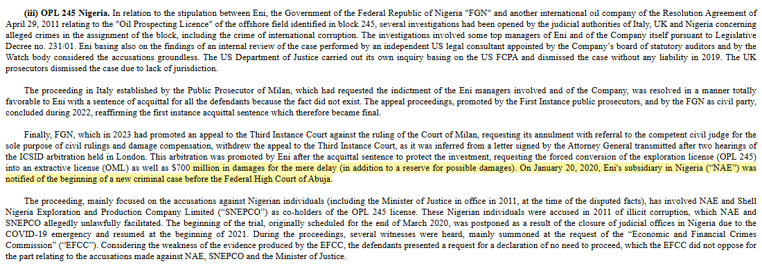 Eni's Form 20-F for 2024: Nigeria withdrew its Italian appeal by a letter signed by the Attorney General after two ICSID hearings in London; the arbitration sought forced conversion of OPL 245 and '$700 million in damages for the mere delay (in addition to a reserve for possible damages)'