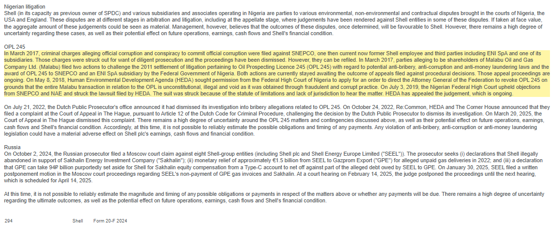 Shell's Form 20-F for 2024: the 2017 Nigerian criminal charges of official corruption against SNEPCO, a Shell employee and Eni 'were struck out for want of diligent prosecution... However, they can be refiled'