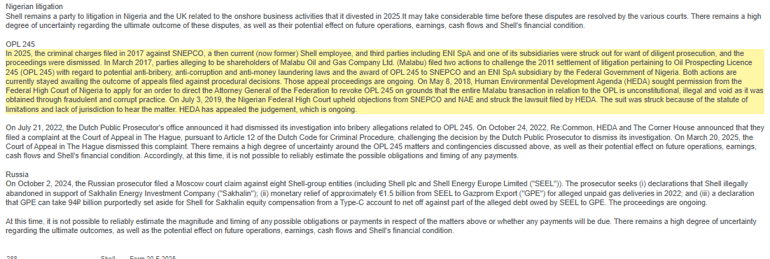 Shell's Form 20-F for 2025: 'In 2025, the criminal charges filed in 2017... were struck out for want of diligent prosecution, and the proceedings were dismissed'