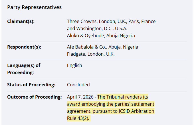 ICSID case record ARB/20/41: status concluded; on 7 April 2026 the tribunal rendered its award embodying the parties' settlement agreement