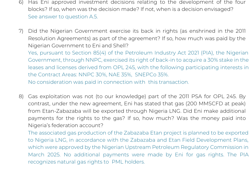 Eni's written answers for its 6 May 2026 shareholders' meeting, page 5: NNPC took 30 per cent under Section 85(4) of the PIA and 'No consideration was paid'; 'No additional payments were made by Eni for gas rights'